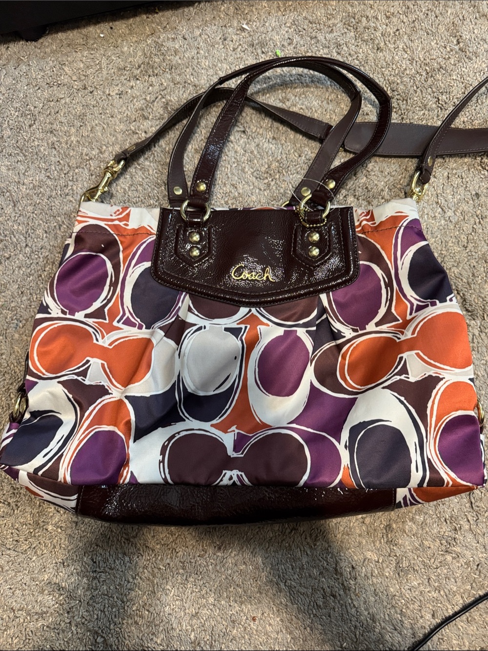 Coach Multicolor Circle-Print Tote with Brown Leather Trim